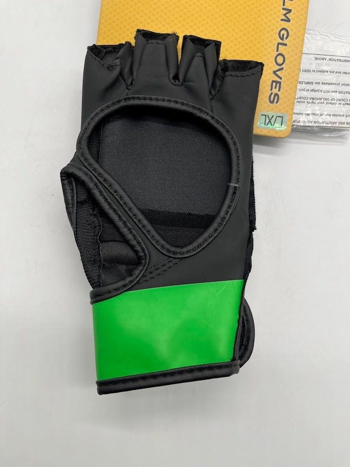 Youth MMA Open Palm Gloves XL Black Green Velcro Wrist Strap Training Gear