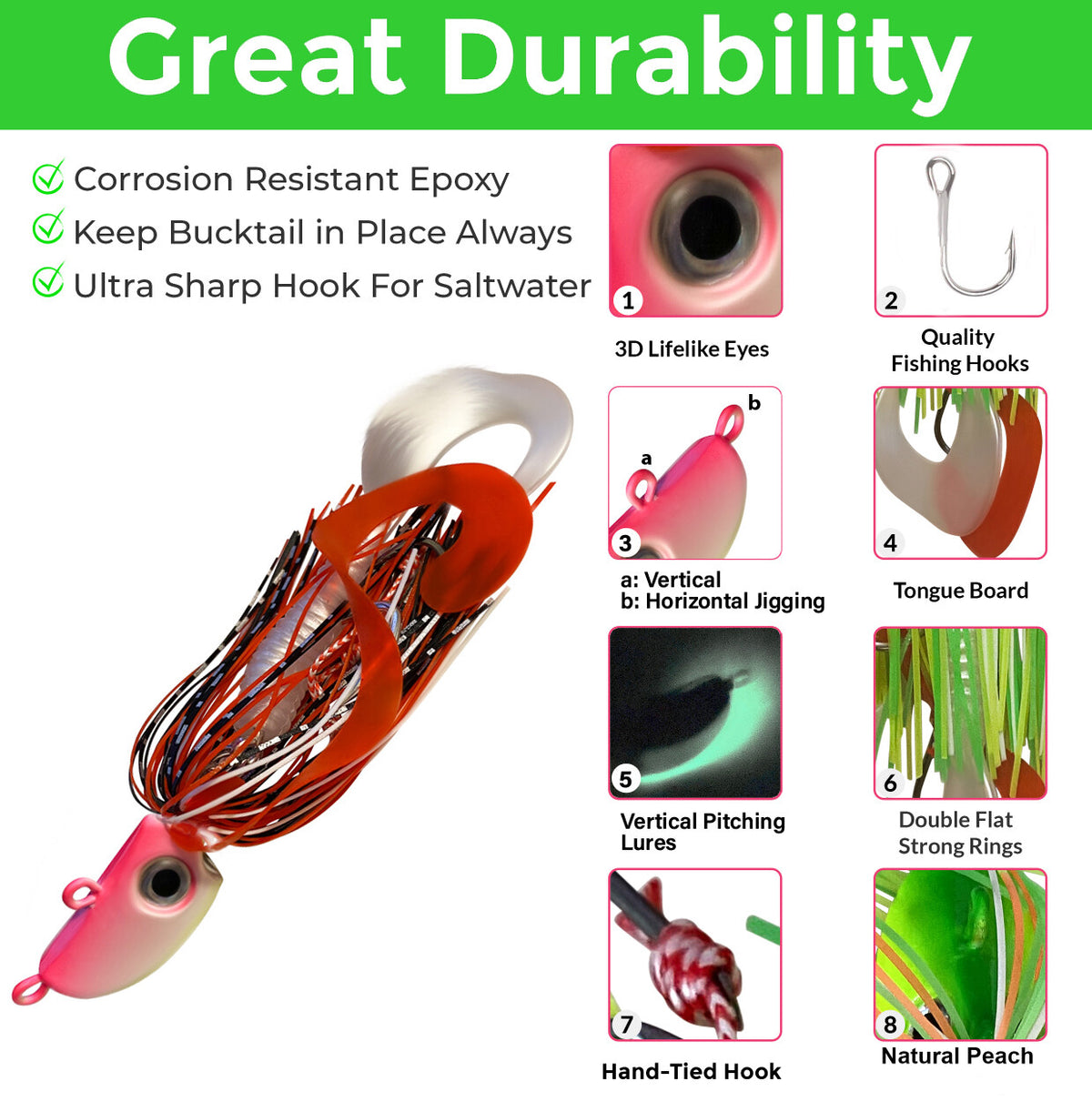 Saltwater Bass Jig - 3/4 Oz Bearded Bucktail Silicone Tails for Fishing