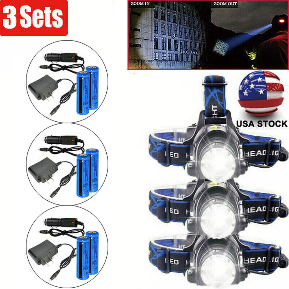 Rechargeable LED Headlamp Waterproof Head Torch with 3 Modes 100m Beam