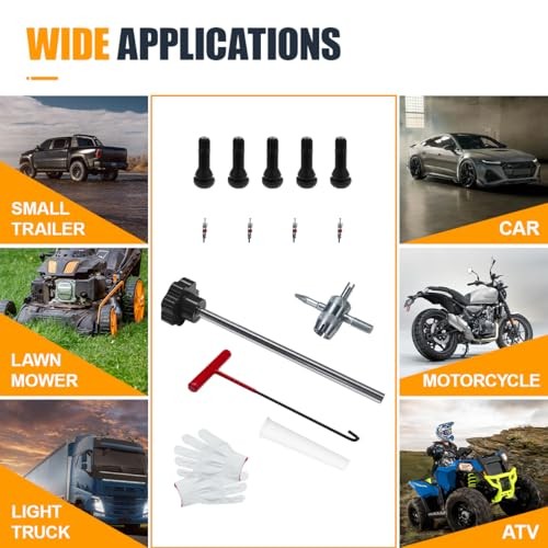 Car Tire Valve Core Removal & Replacement Kit with 5 Valves & 4-Way Tool