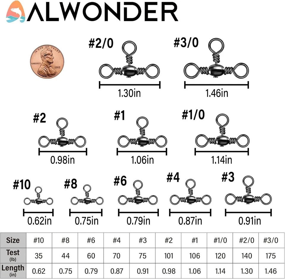 50-Pack High Strength Stainless Steel 3 Way Fishing Swivels #4 70LB Tackle