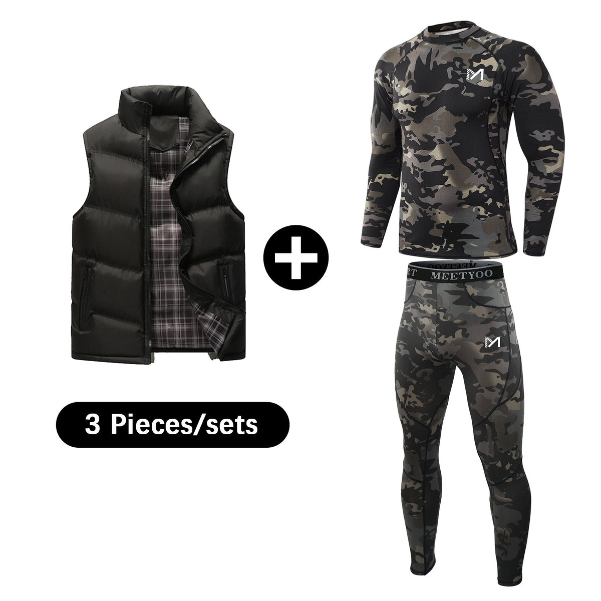 Men's 3-in-1 Thermal Winter Set with Fleece Top Bottom & Down Vest