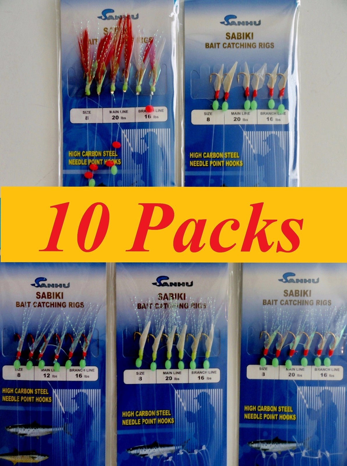 Size #8 Sabiki Bait Rigs 10 Pack Saltwater Fish Lures with Hooks & Glow Balls