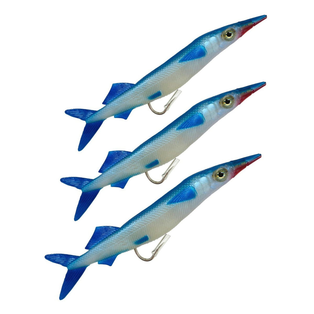 Soft Ballyhoo Fish Bait 3 Pack - 10-Inch, Realistic Colors, 6/0 Hook
