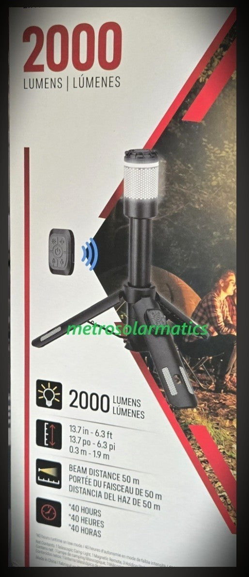 2000 Lumen Telescopic Camping Light with Remote Control and Solar Charging