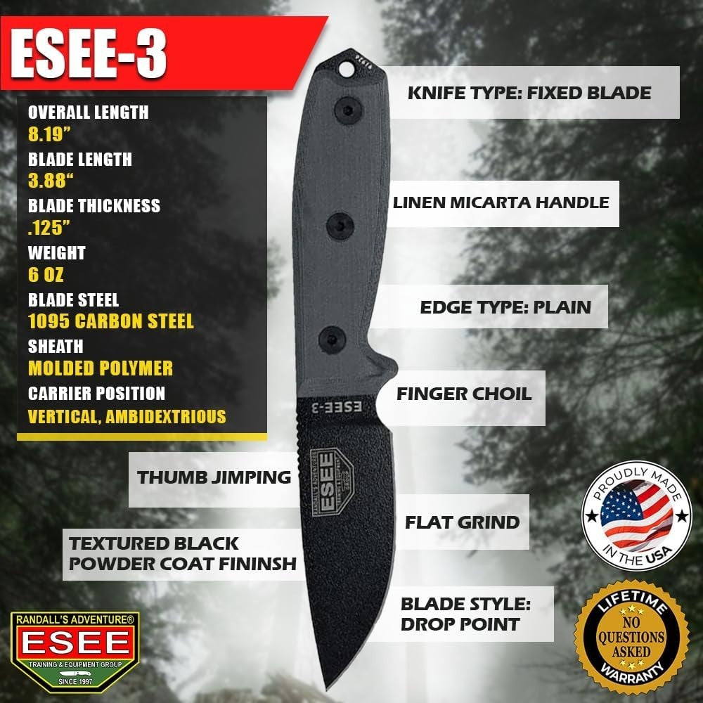 Fixed Blade Knife 3.88-inch Drop Point Survival Knife with Black Micarta Handle