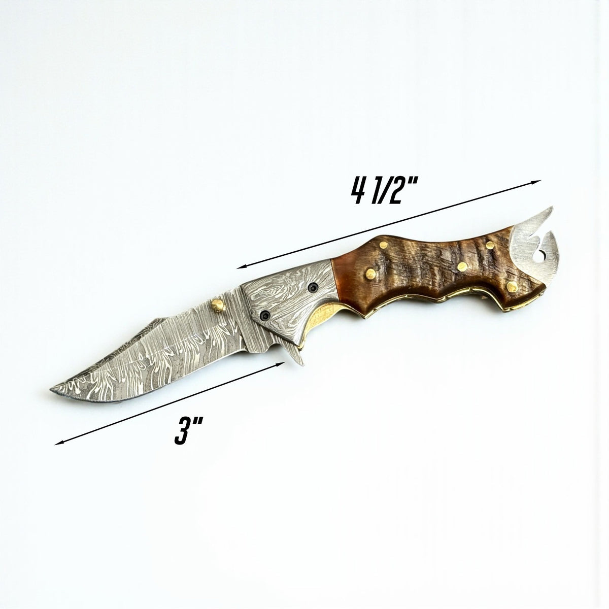 Personalized Damascus Steel Folding Knife with Ram Horn Handle and Belt Clip