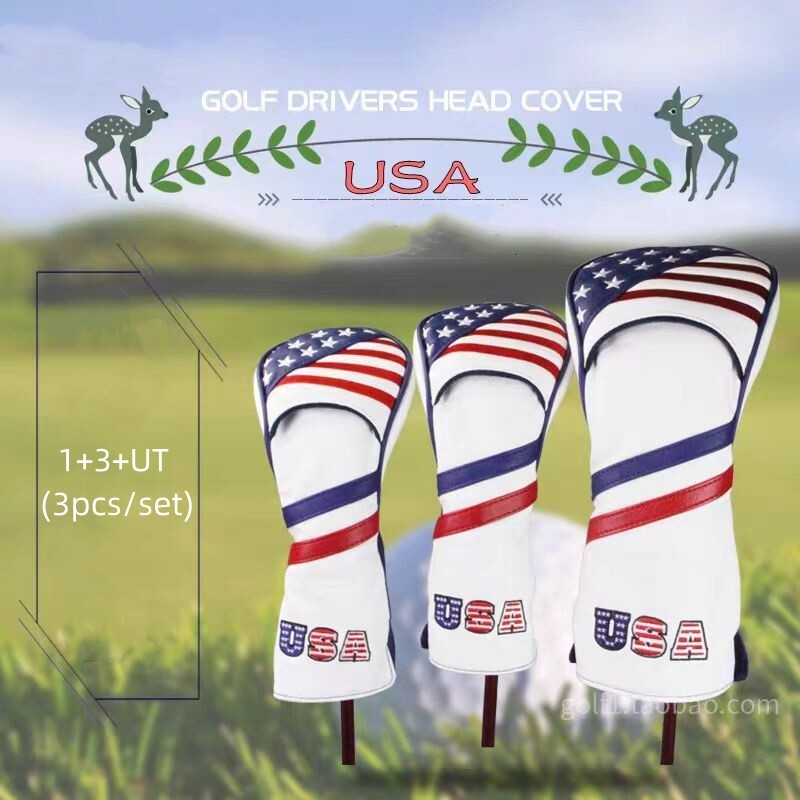 Golf Club Head Cover Set with USA Flag Design for Driver, Fairway, Hybrid
