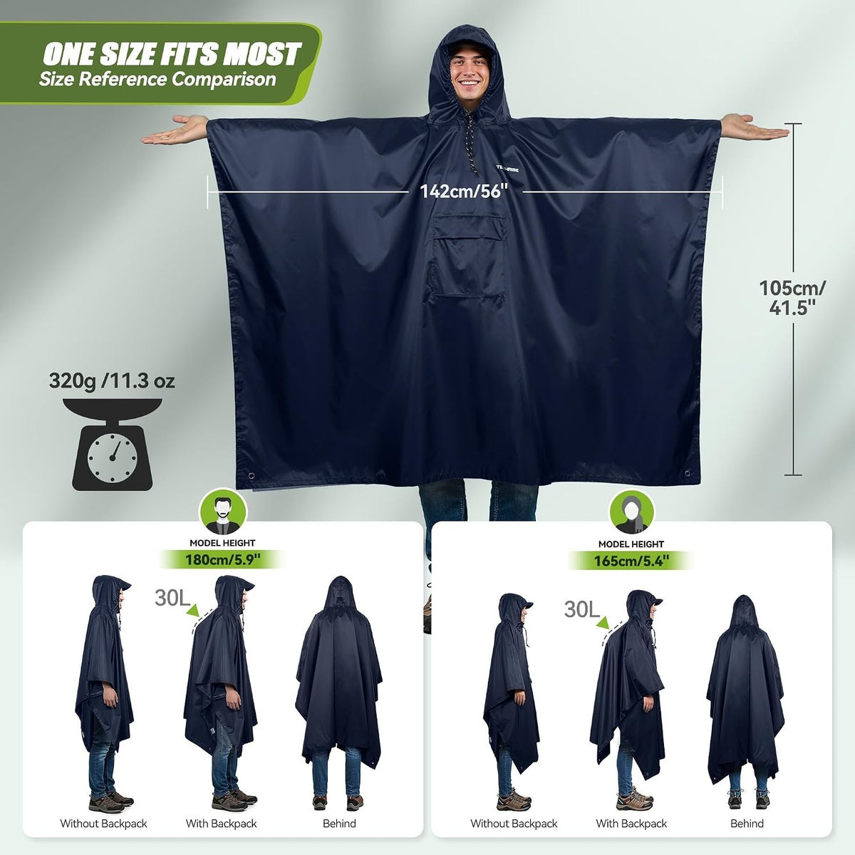 Adult Waterproof Rain Poncho with Hood and Pocket - Reusable Lightweight Outdoor Gear