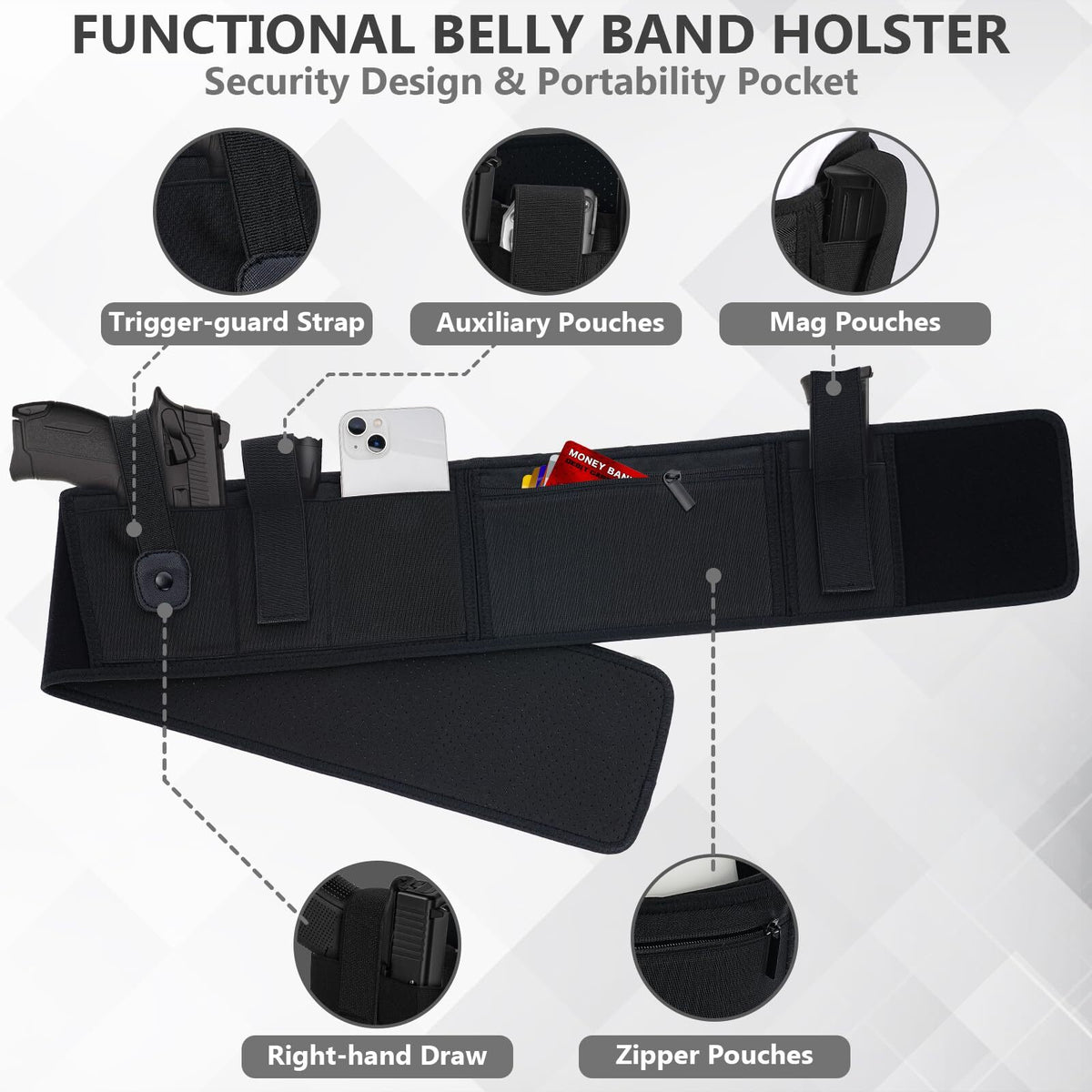 Concealed Carry Belly Band Holster for Most Pistols and Revolvers