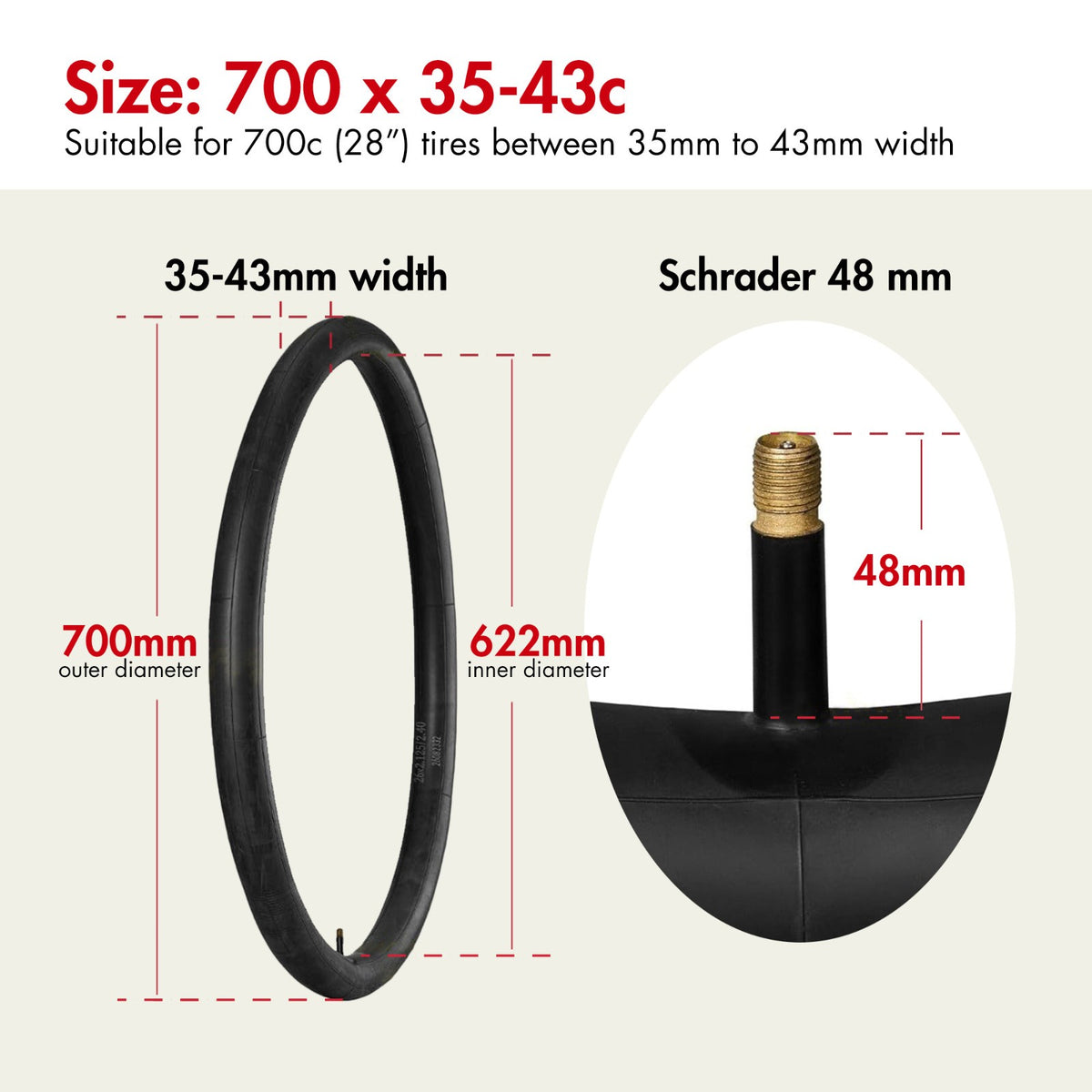28 Inch Bicycle Inner Tube 700x35-43c with 48mm Schrader Valve - Pack of 4