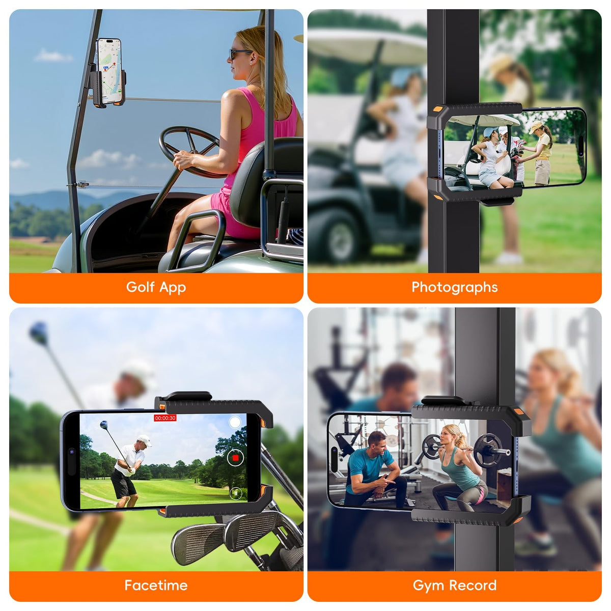 Magnetic Golf Cart Phone Holder - Universal Fit for 4.5-7 Inch Smartphones, Orange & Black
