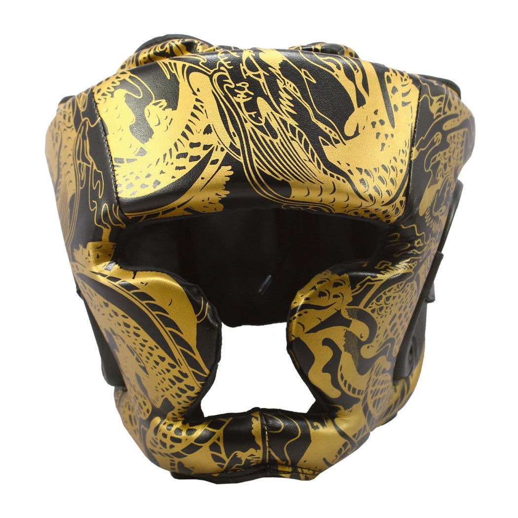 Heavy Duty Boxing Headgear with Cheek Protection - Black & Gold 3D Design
