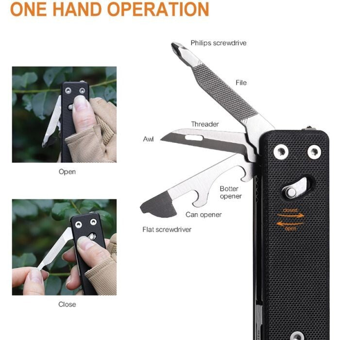 Multitool with Integrated Tools and D2 Steel Blade, G10 Handle