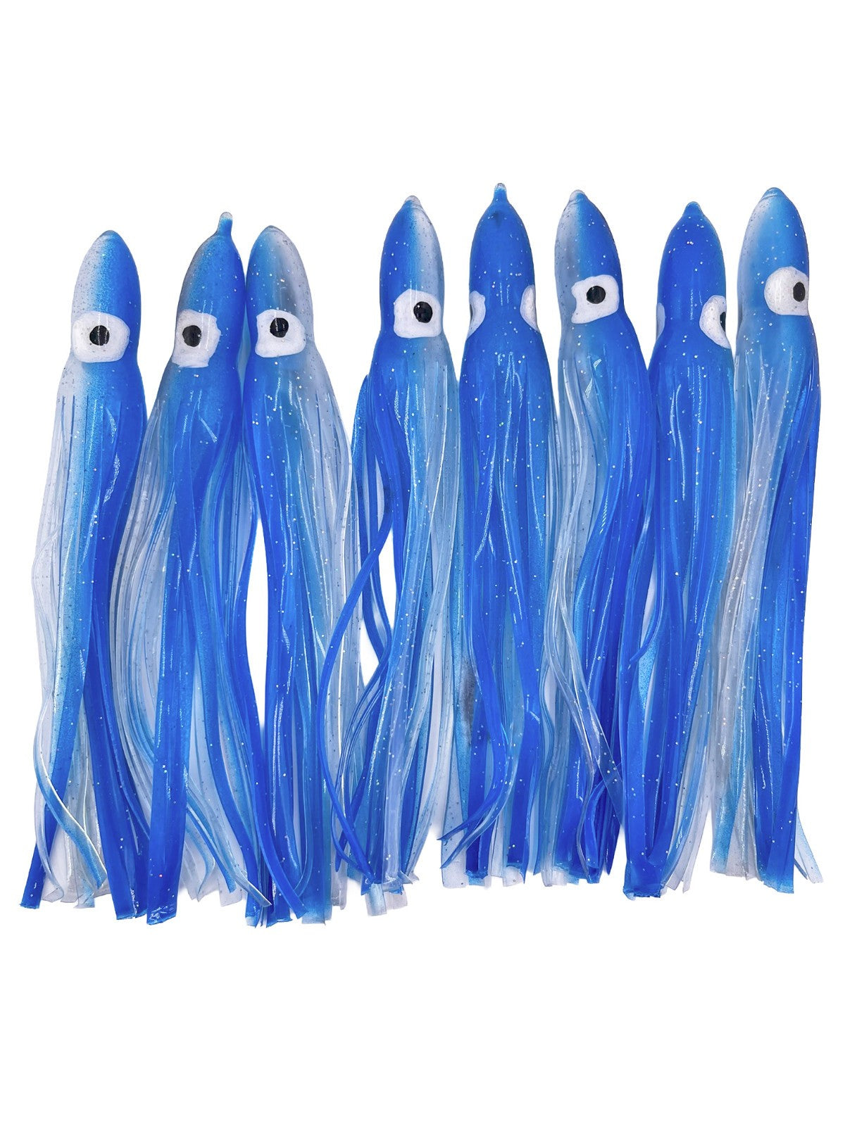 Saltwater Trolling Octopus & Squid Skirt Lures 8 Pack - 5.5” Ice Blue & Clear