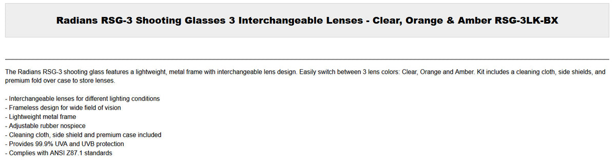 Interchangeable Shooting Glasses with 3 Lenses - Clear, Orange & Amber