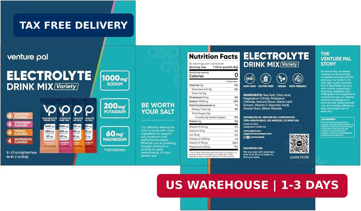 High Sodium Sugar-Free Electrolyte Powder Packets for Hydration - 16 Sticks