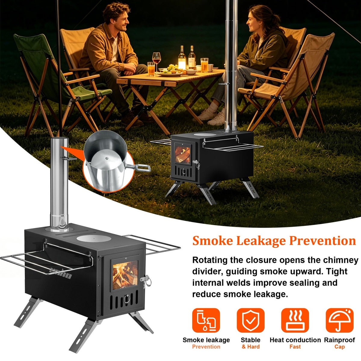 Portable Wood Burning Stove with Chimney Pipes for Camping and Outdoor Heating