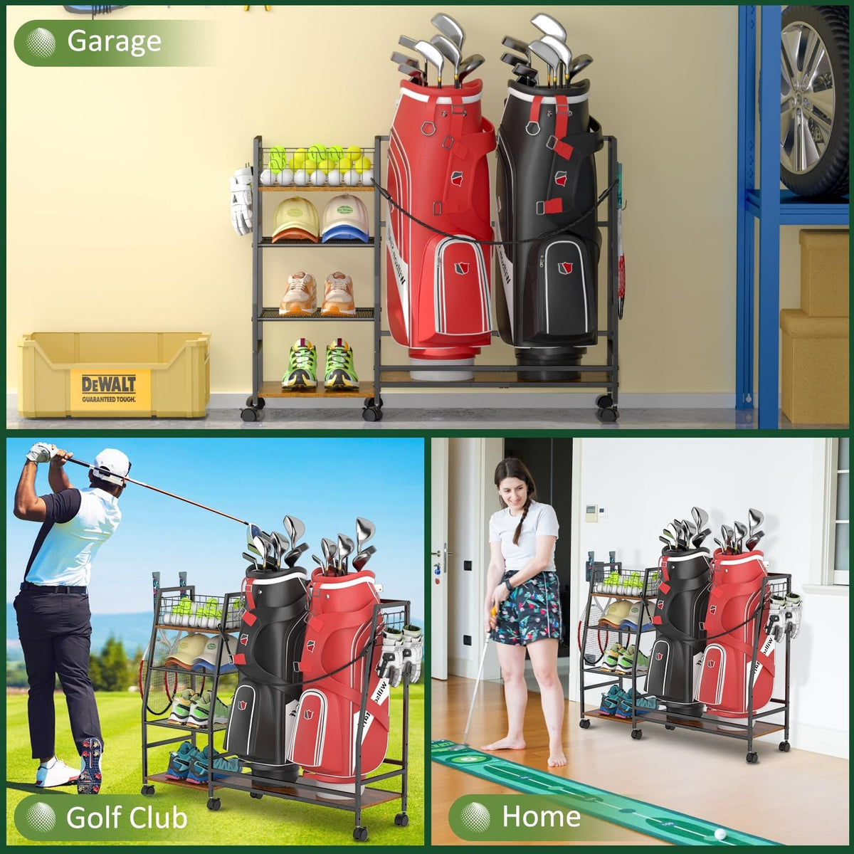 Golf Bag Storage Rack with Wheels - Organizer for Golf Equipment & Accessories