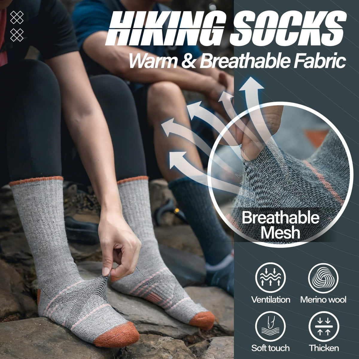Merino Wool Hiking Socks - Large, Moisture-Wicking, Supportive, Multi-Color Set