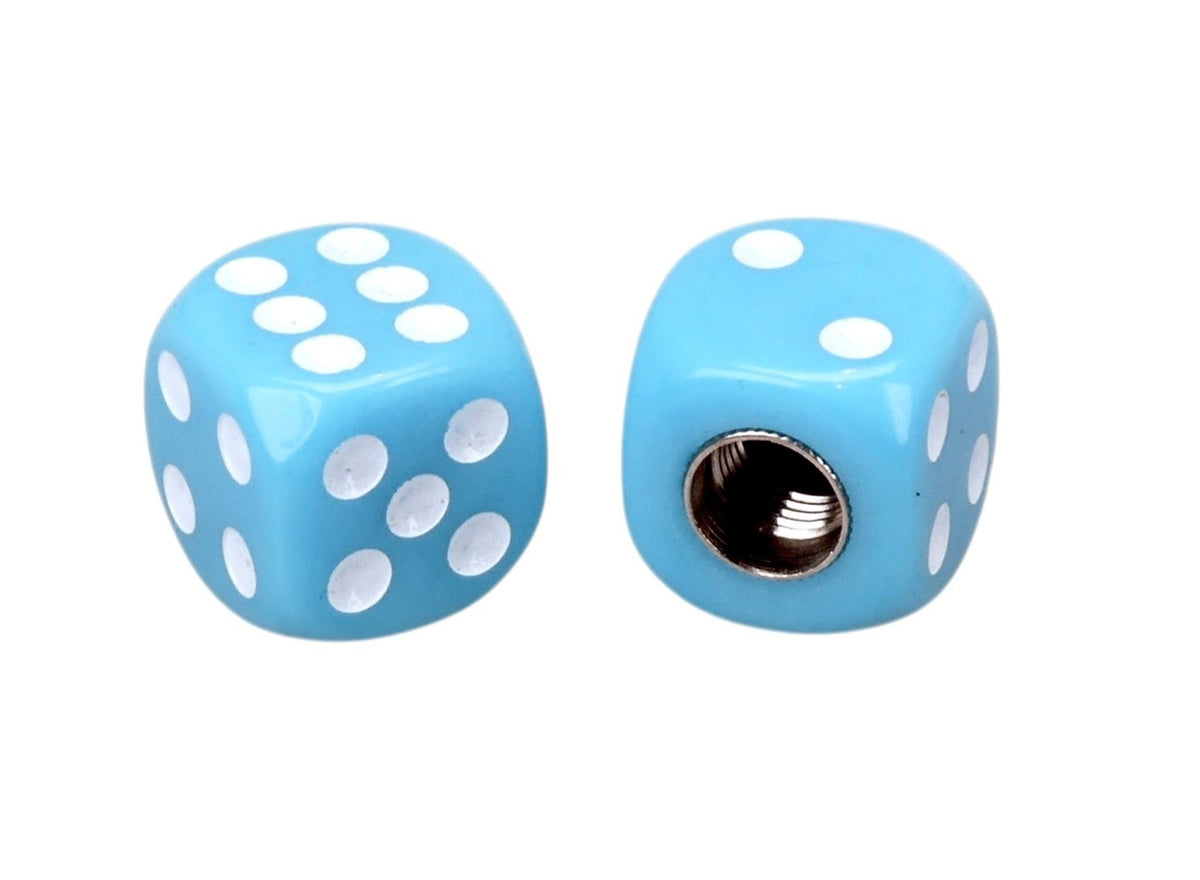 Bicycle Valve Caps Pair - Light Blue Dice with White Pips for Schrader Valves