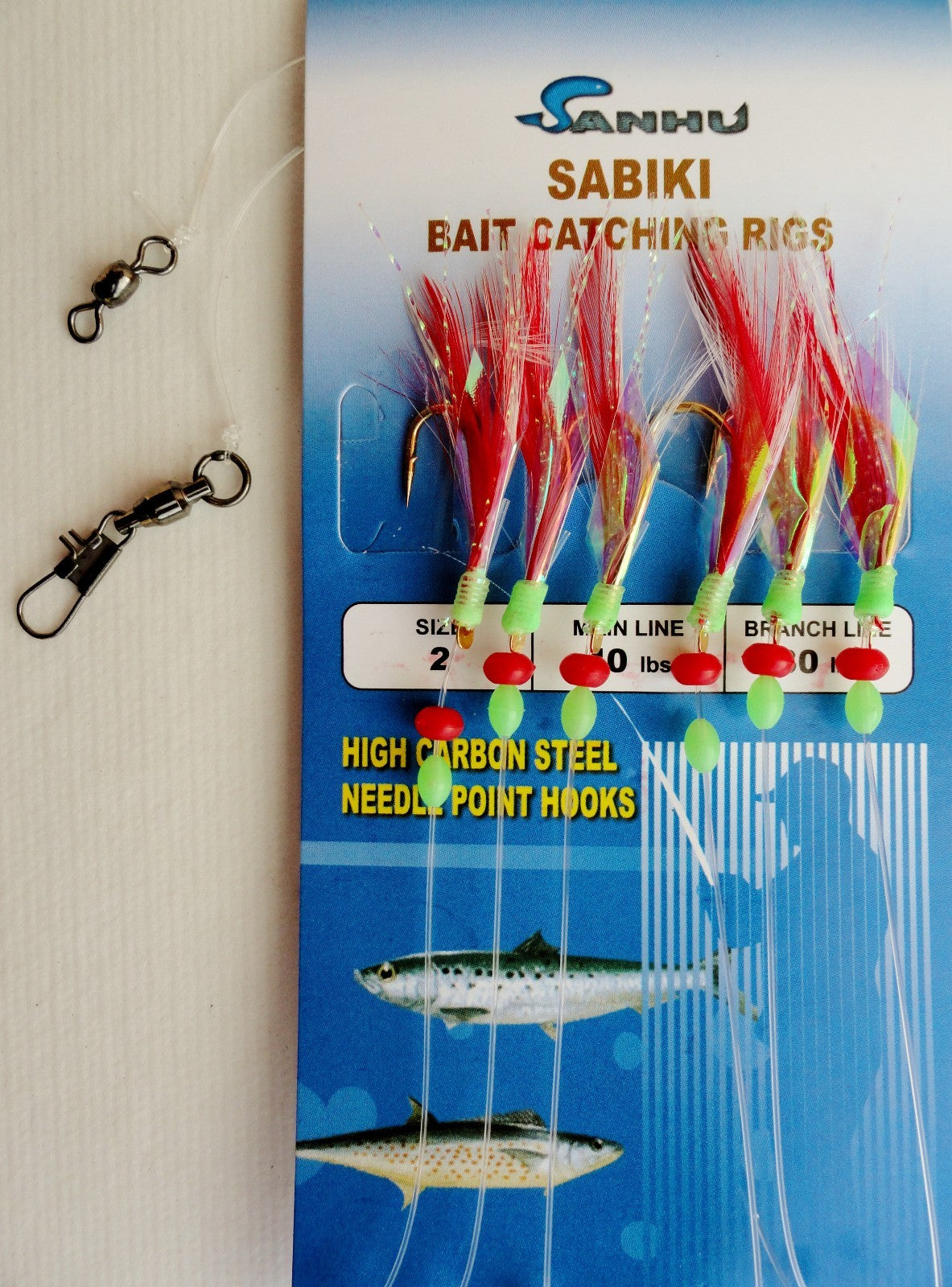 Saltwater Fishing Sabiki Bait Rigs - 10 Pack with 6 Hooks & Red Feathers