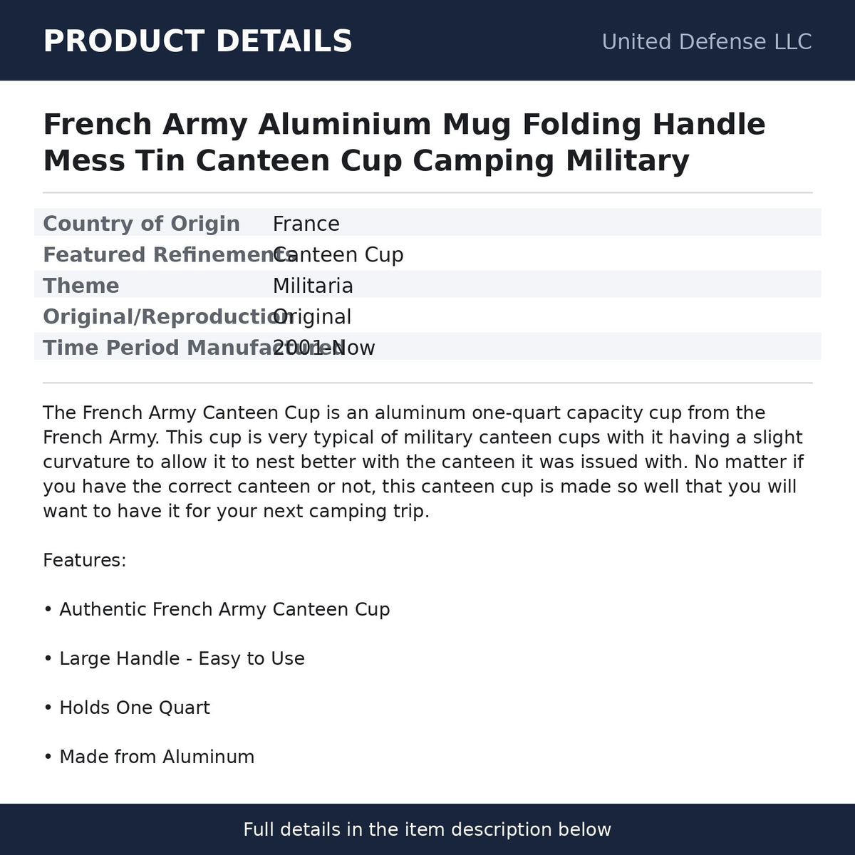 French Army Aluminum Folding Handle Mess Kit Canteen Cup for Camping & Military Use