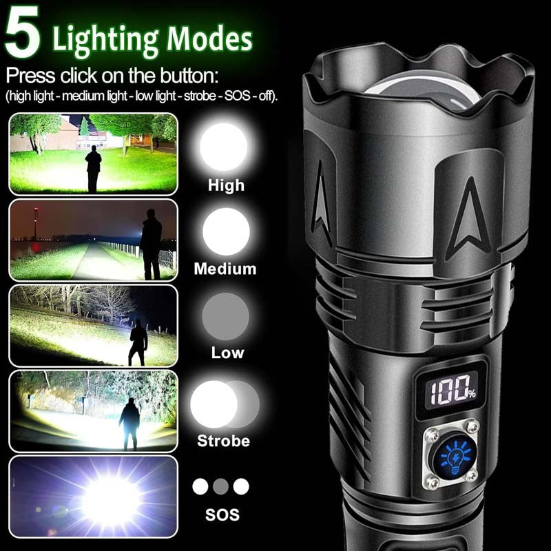 High Power Rechargeable LED Flashlight 2000000LM Waterproof 30W Tactical Torch