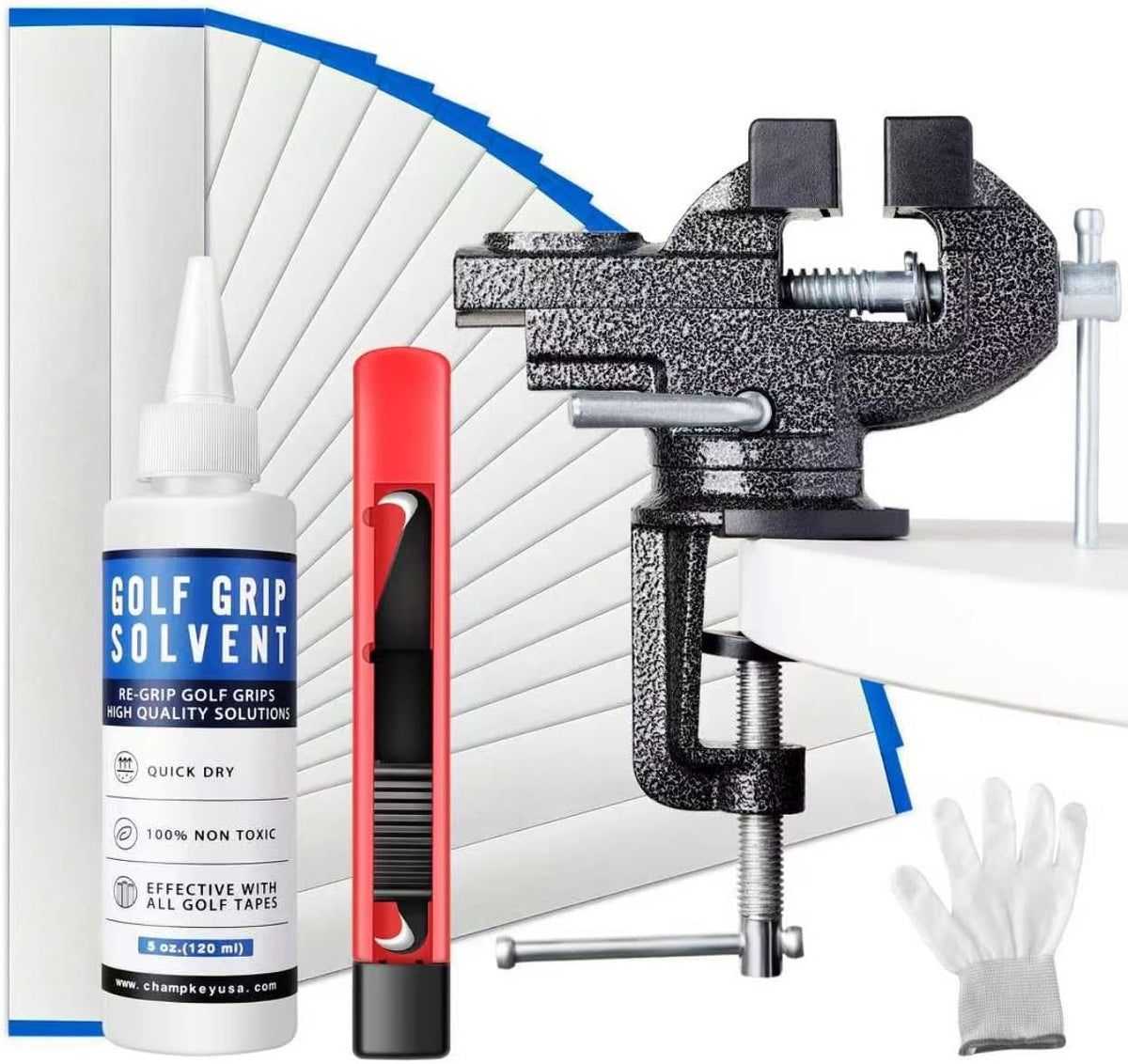 Golf Club Regripping Repair Kit with Grip Tape Solvent & Vise Clamp
