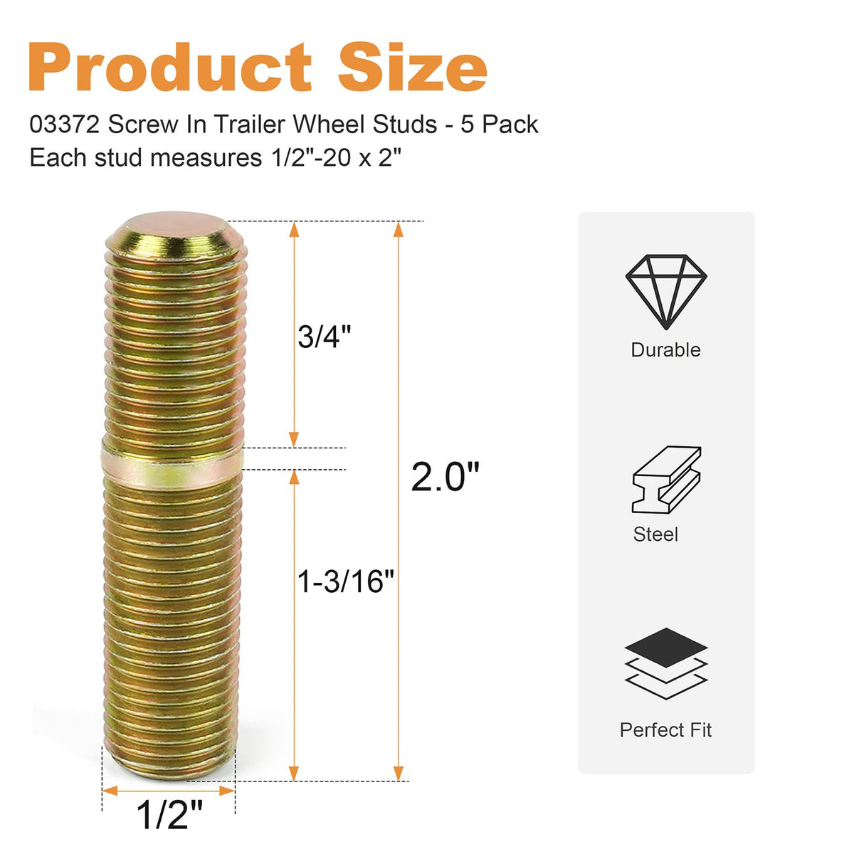 Trailer Wheel Studs 1/2-Inch-20 x 2 Inches, Pack of 5