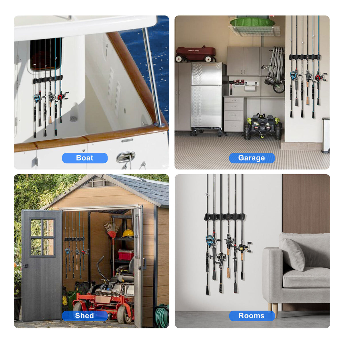 Wall Mount Fishing Rod Holder Rack for Garage & Boat Storage, Black