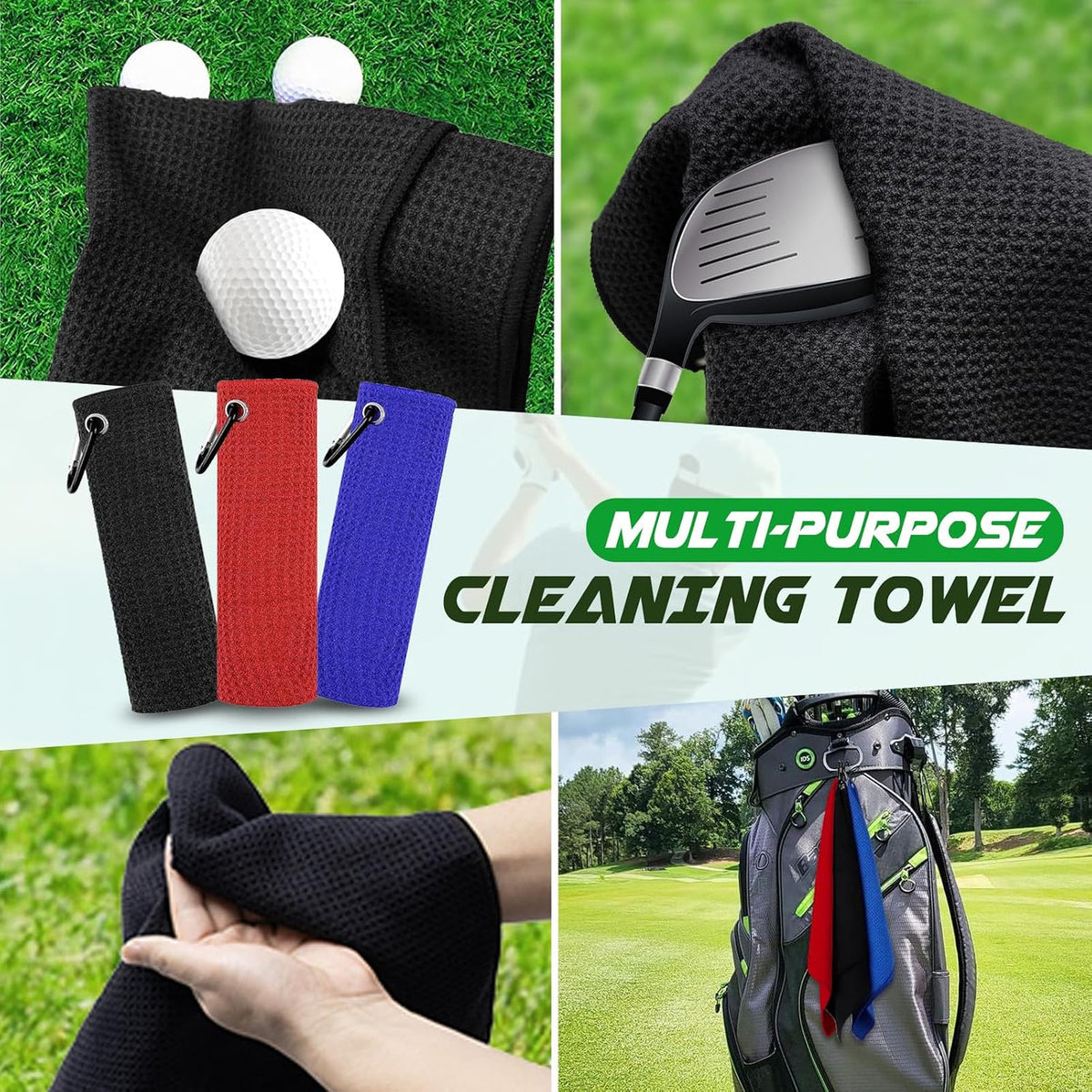 Microfiber Golf Towels 3 Pack 16x16 Inch Waffle Pattern for Club & Ball Cleaning