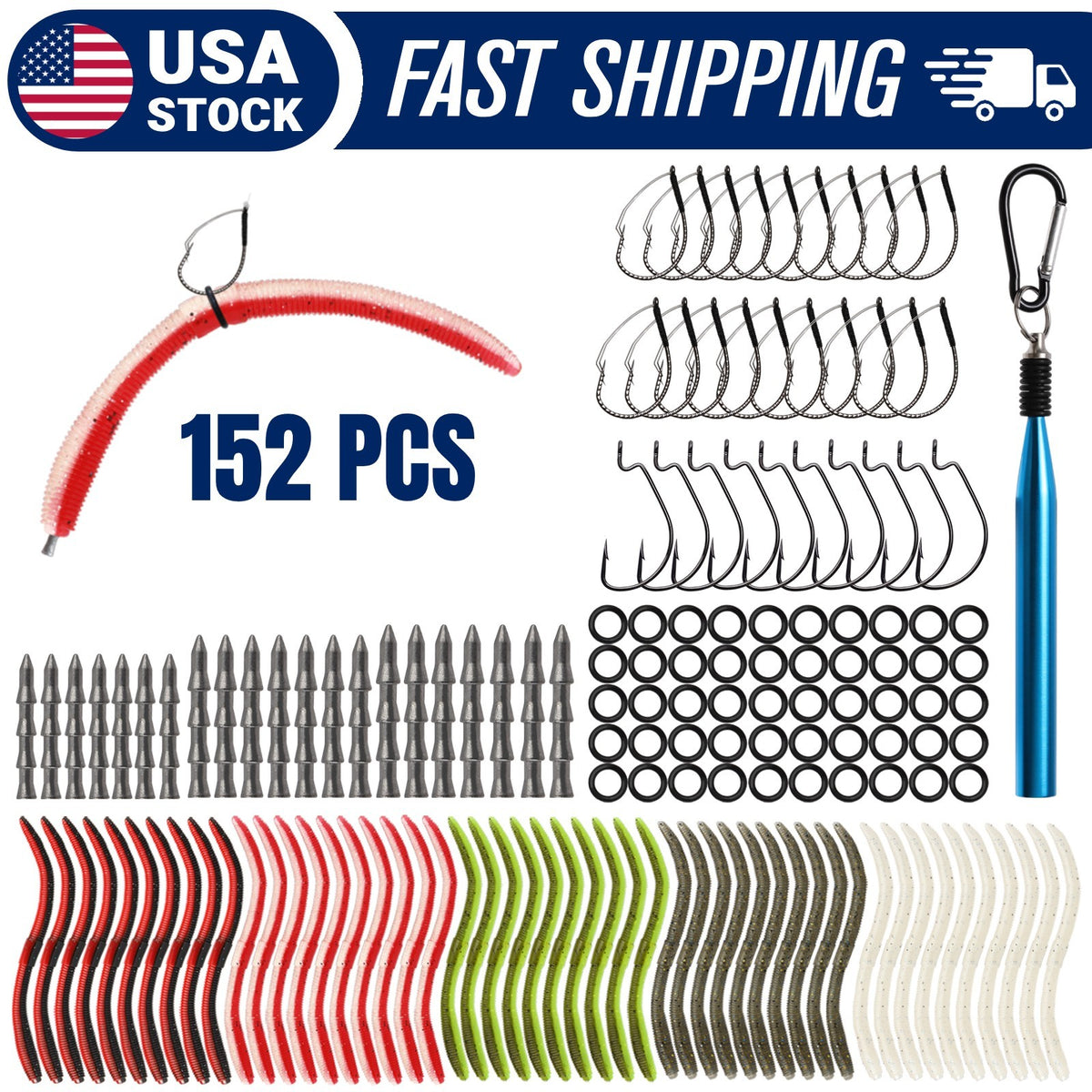 Fishing Wacky Worm Kit with Soft Plastic Baits Hooks and Accessories - All Variants