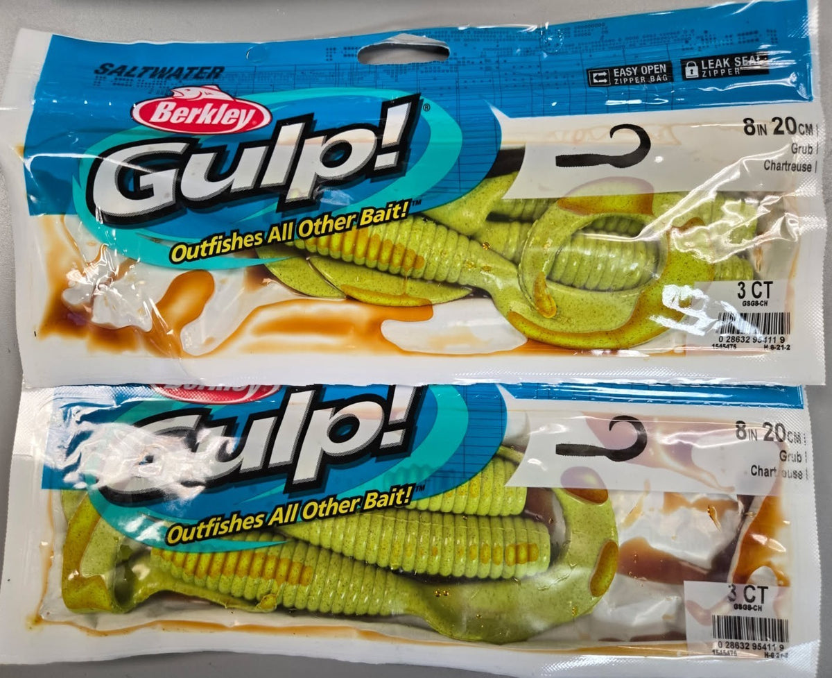 Saltwater Fishing Lures 2-Pack 8" Chartreuse Gulp! Saltwater Grubs for Flounder Sea Bass Halibut