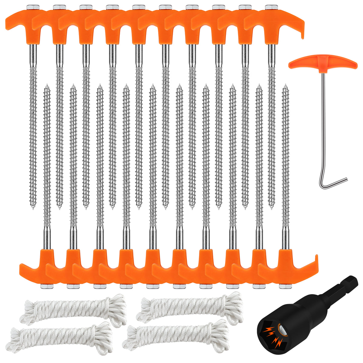 Heavy Duty Tent Stakes with Ropes and Hook - Steel Camping Pegs Set