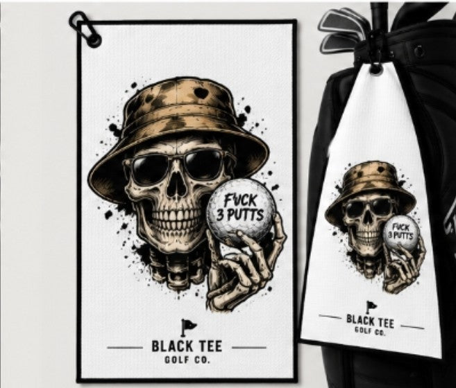 Golf Towel 16x24 Waffle Weave Black Skull No 3 Putts Clip