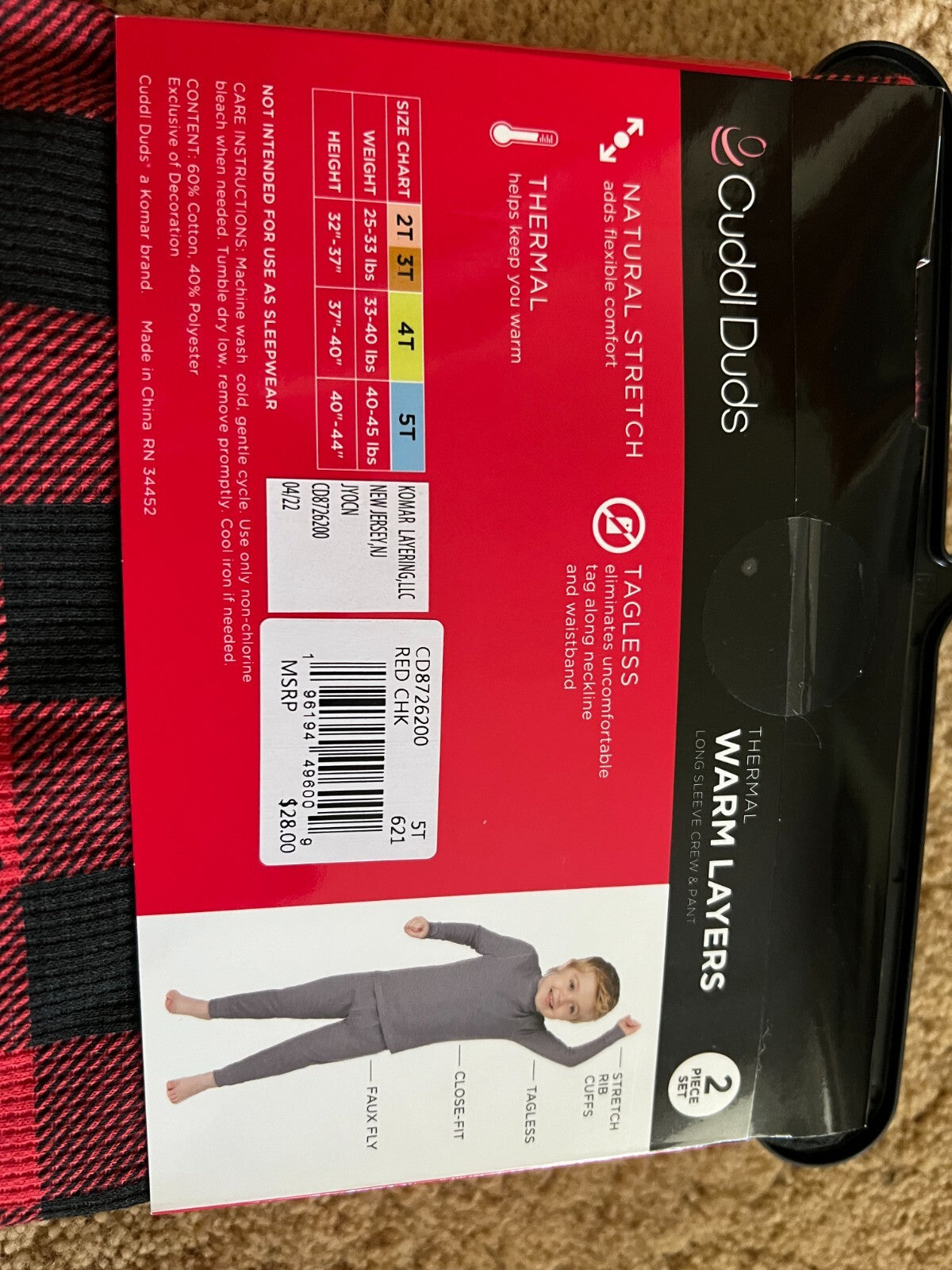 Cuddl Duds Boys Plaid Baselayer Top and Bottom Set, Size 5T