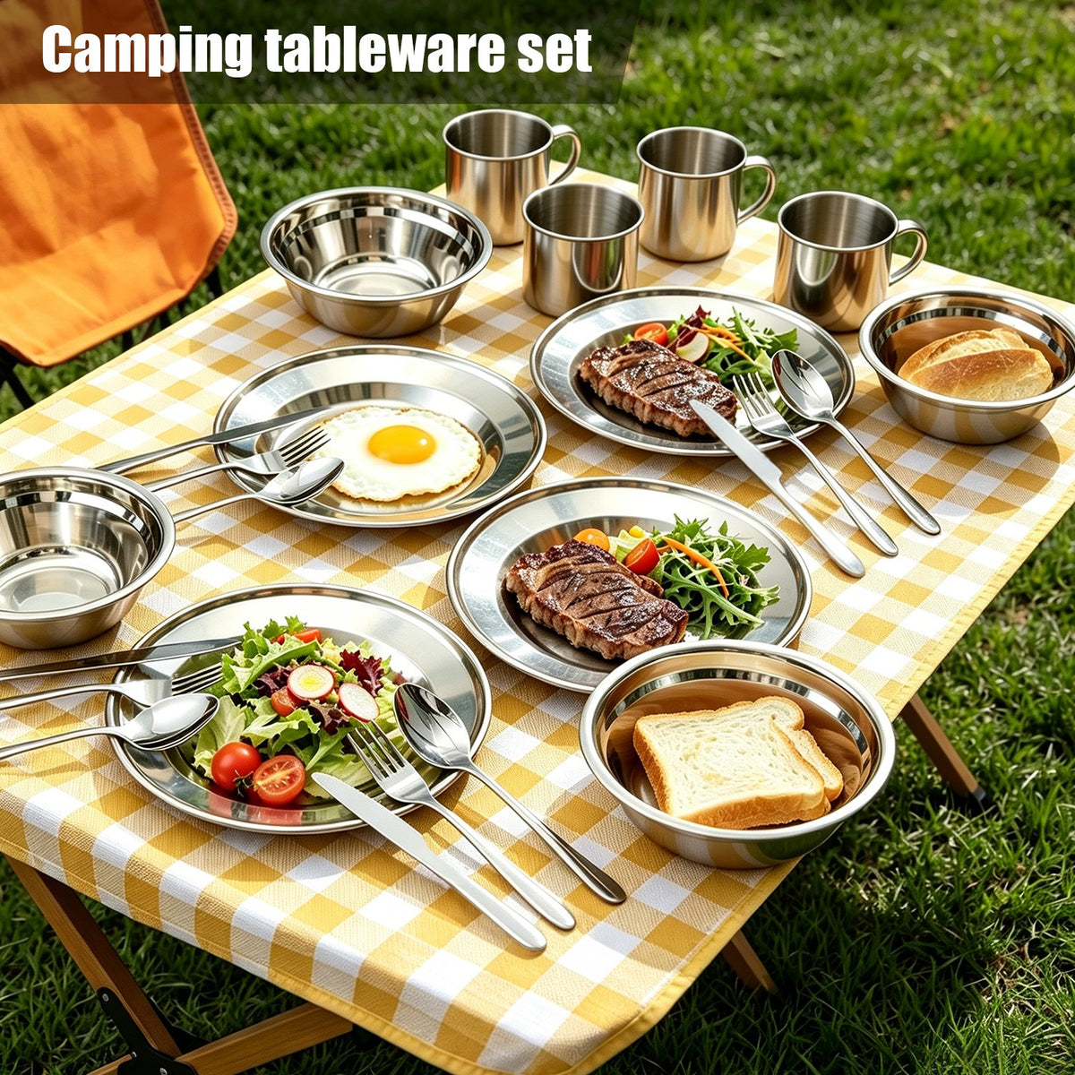 Camping Cookware Mess Set with Non-Stick Plates Bowls Cups - Portable Stainless Steel Kitchen