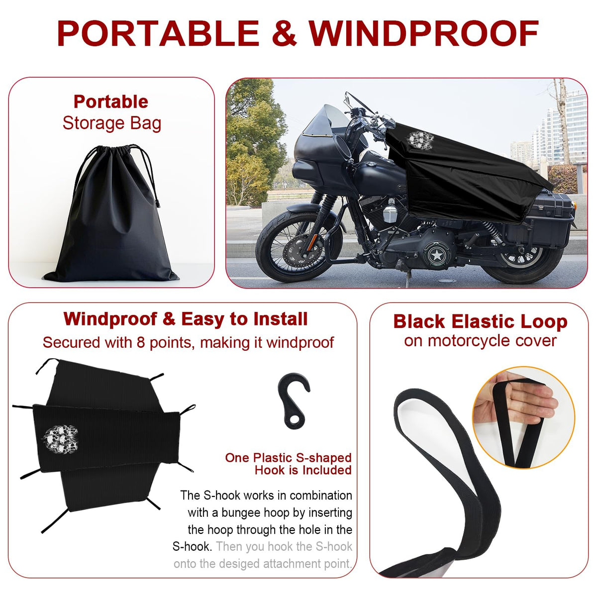Waterproof Motorcycle Seat Cover Sun Shade Heavy Duty Windproof Fit L Black Skulls