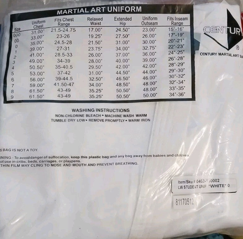 Martial Arts Uniform White Size O for Karate, Jiu-Jitsu, Tae Kwon Do
