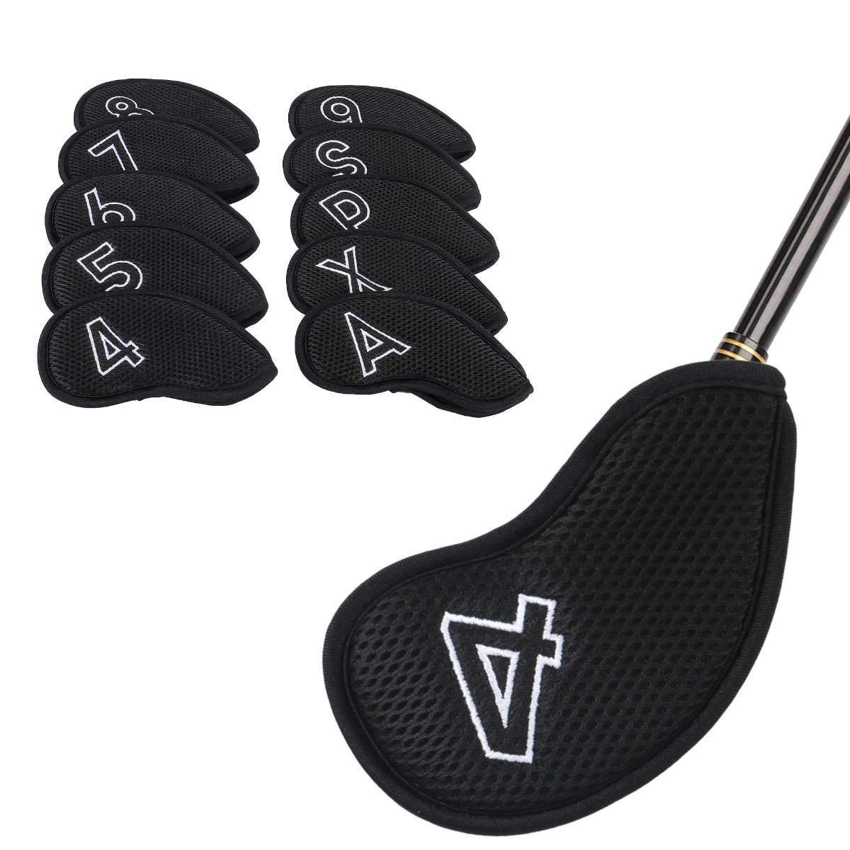 10-Pack Golf Club Head Covers Set - Mesh Cotton Padded Irons Black