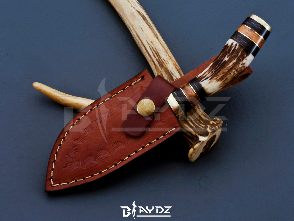Damascus Steel Hunting Knife with Stag Antler Handle and Leather Sheath - Fixed Blade