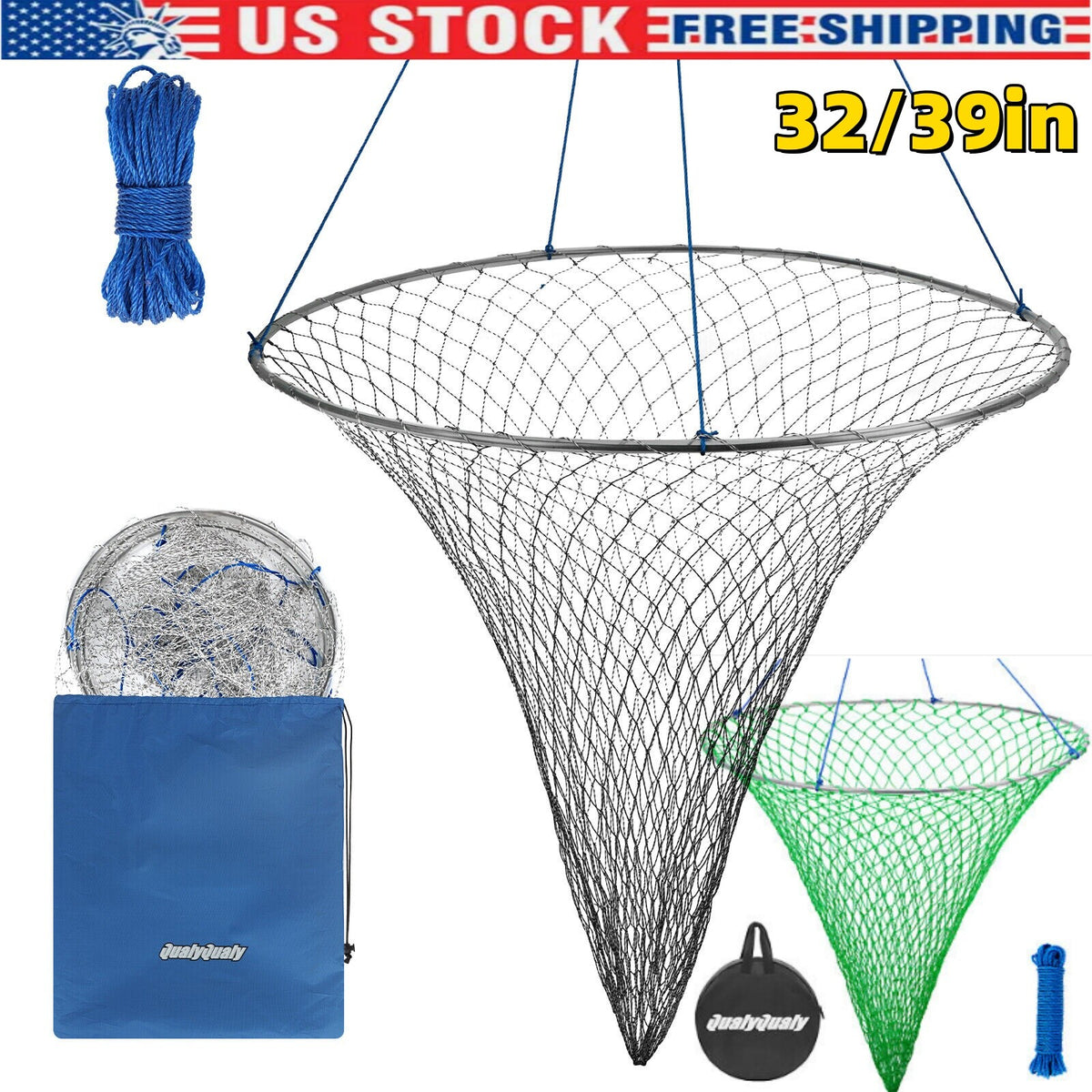 Foldable Bridge and Pier Fishing Net - Steel Hoop, Nylon Mesh, Multi-Size