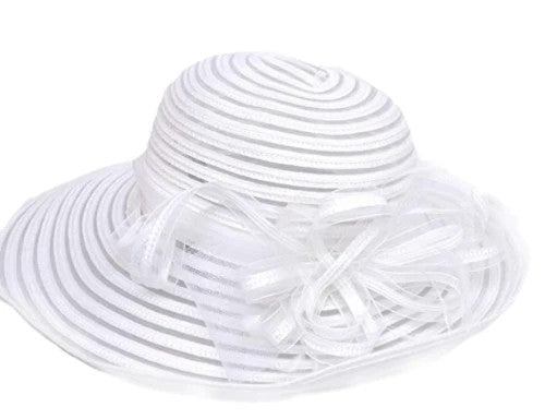 Women's Micro Brim Organza Cloche Sun Hat with Bow - White