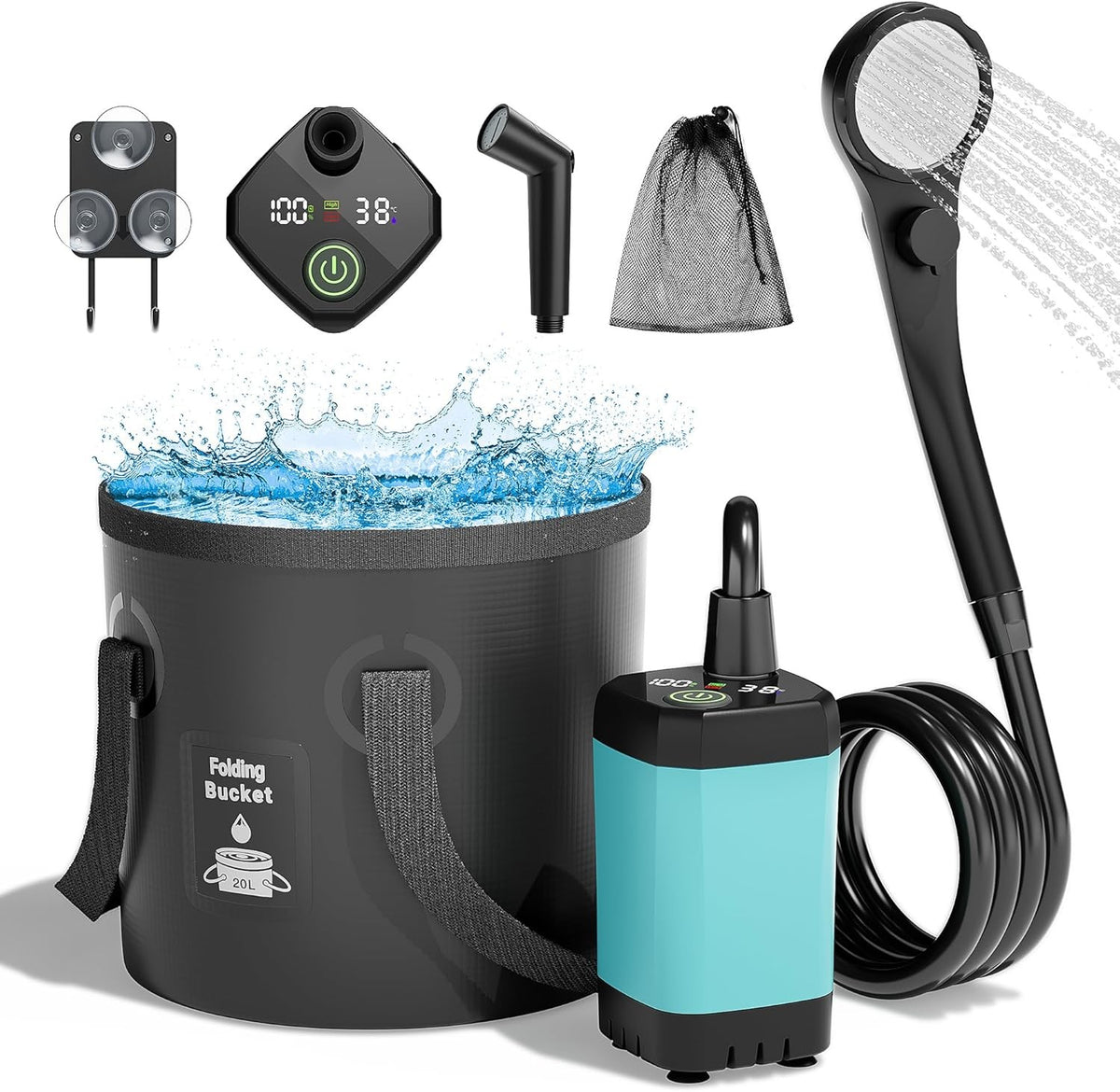 Rechargeable Portable Camping Shower Pump with Foldable 5 Gal Bucket