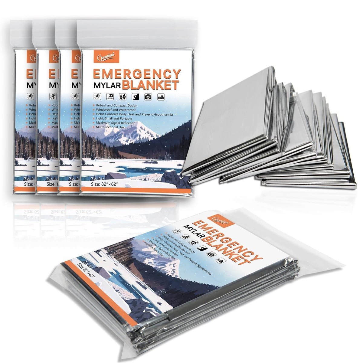 Large Emergency Mylar Thermal Blankets 82x62 Inches Pack of 4