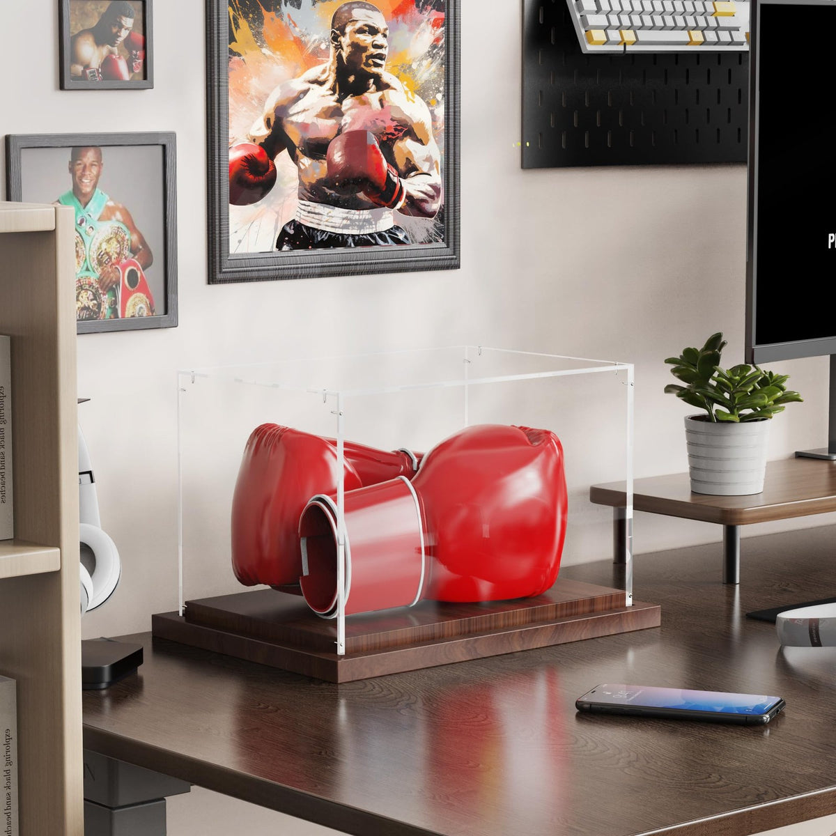 Acrylic Boxing Glove Display Case with Wooden Base - Dustproof & Elegant