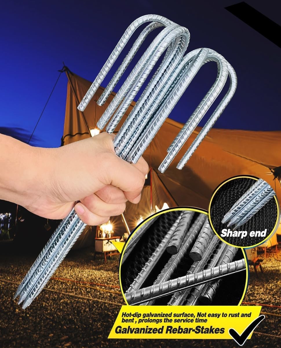 Heavy Duty Rebar Stakes 12 Inch Ground Tent Stakes with Hook - Galvanized Steel