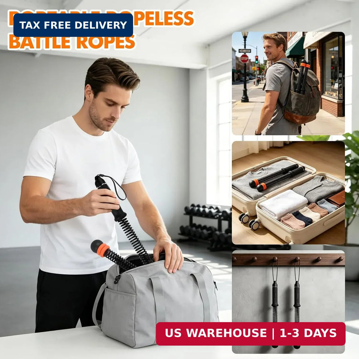 Adjustable Weighted Battle Ropes for Home Gym HIIT Workout - Cordless Fitness Rope