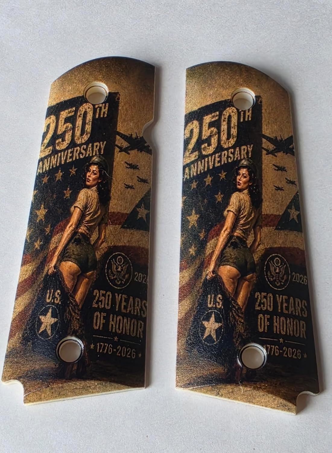 1911 Full Size Gun Grips White ABS 250th Anniversary WWII Pinup Girl Olive Drab